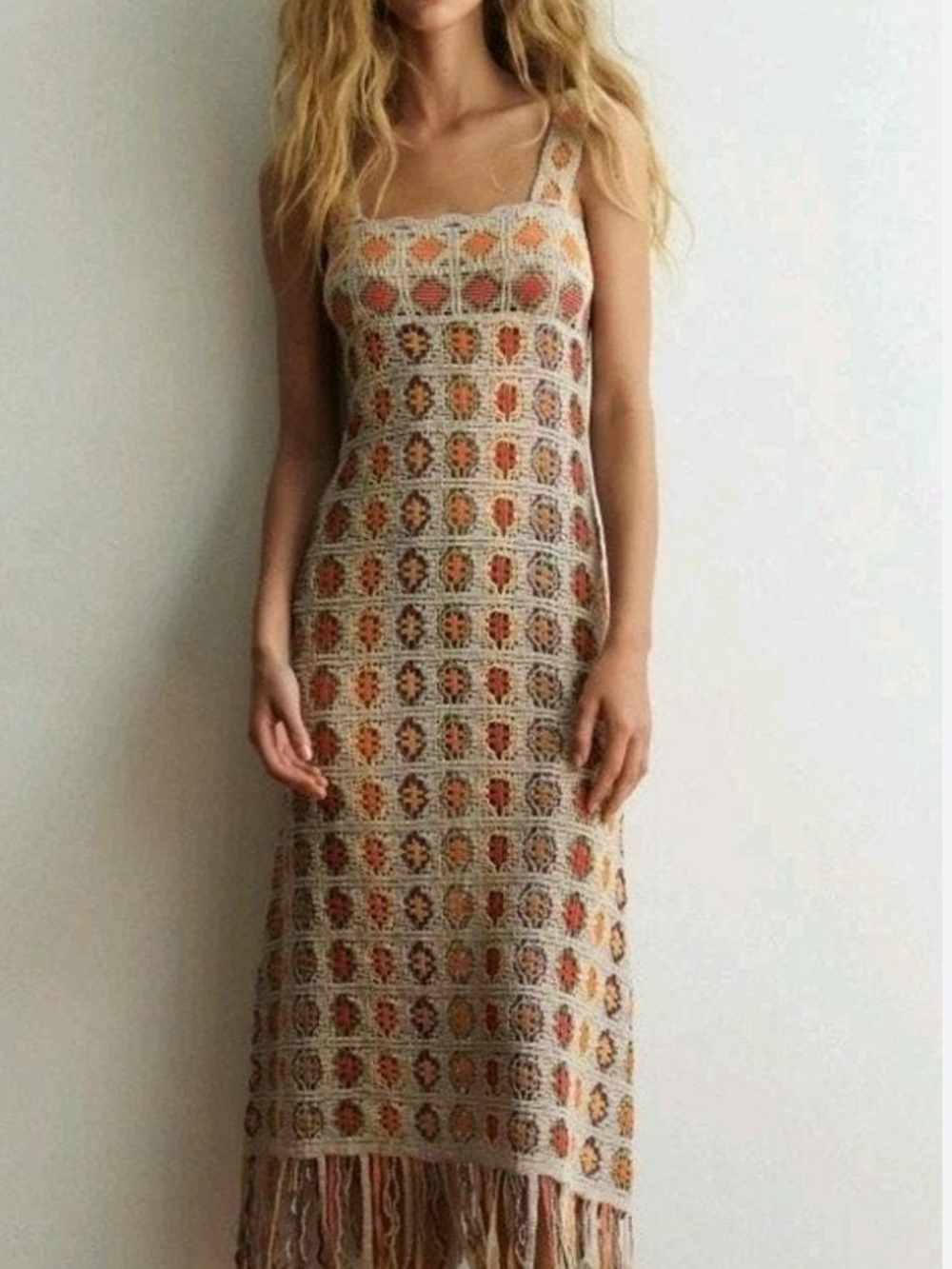 Zara Beige Crochet Maxi Dress with Rust and Mustard Accents